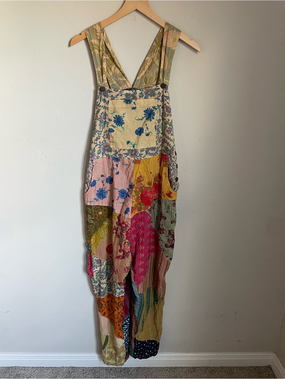 Blue Sky Patchwork Floral Boho Overalls Cream, Pink, Yellow, Blue, Green